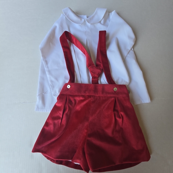 Artesania Granlei Red Velvet Suspender Shorts with White Blouse - Picture 1 of 14